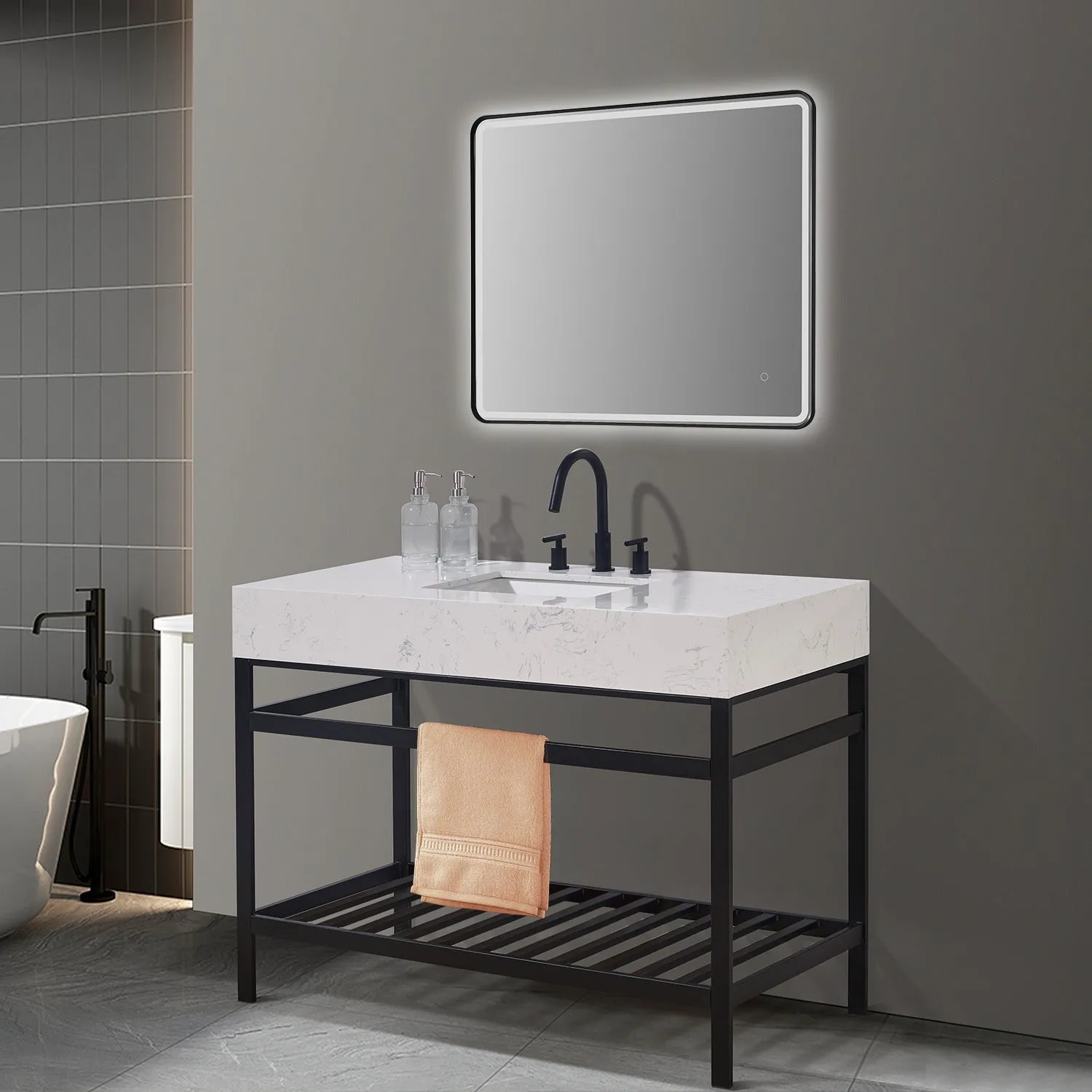Altair Designs Merano 48" Single Stainless Steel Vanity Console with Aosta White Stone Countertop - 68048-AWAP-MB-NM