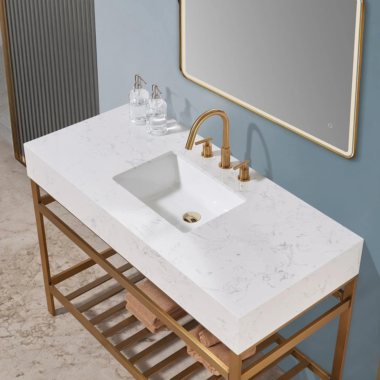 Altair Designs Merano 48" Single Stainless Steel Vanity Console with Aosta White Stone Countertop - 68048-AWAP-MB-NM
