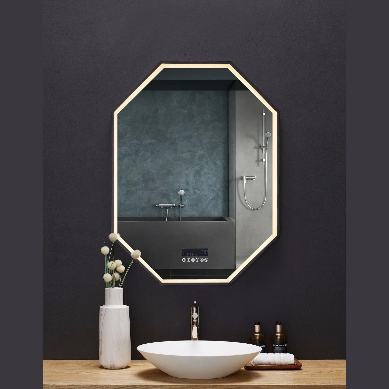Ancerre Otto LED Octagon Black Framed Lighted Bathroom Vanity Mirror with Bluetooth and Digital Display - LEDM-OTTO-24