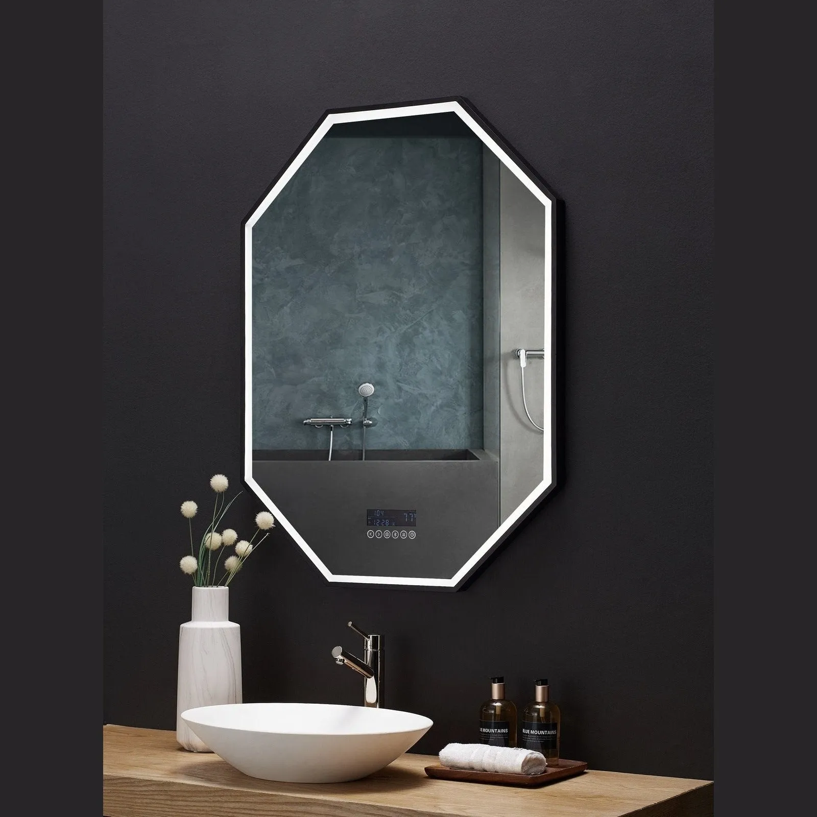 Ancerre Otto LED Octagon Black Framed Lighted Bathroom Vanity Mirror with Bluetooth and Digital Display - LEDM-OTTO-24