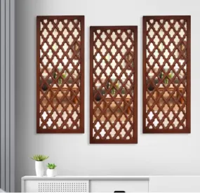 ANTIQUE DECORS Rectangular Decorative Hand Crafted Wooden Wall Mount Mirror Panel for Living Room | Modern Wall Panels | Wall Décor, 30 x 12 inch, Brown (Large, 3)