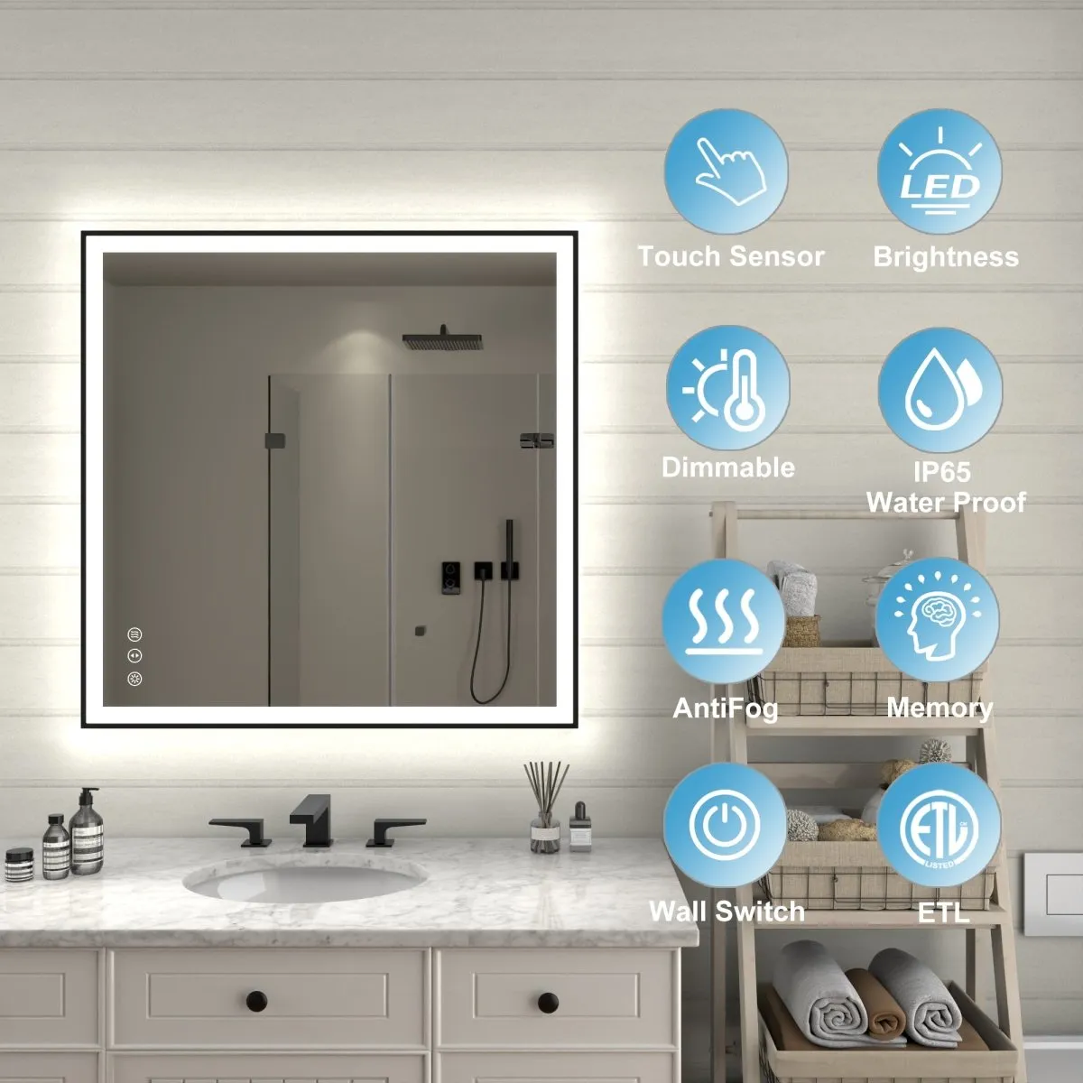Apex-Noir 36"x36" Framed LED Lighted Bathroom Mirror