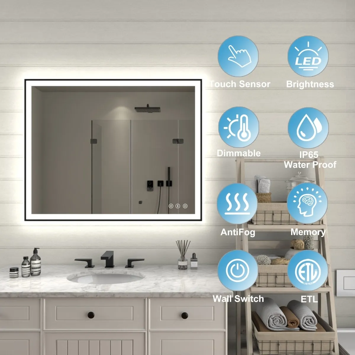 Apex-Noir 40"x32" Framed LED Lighted Bathroom Mirror