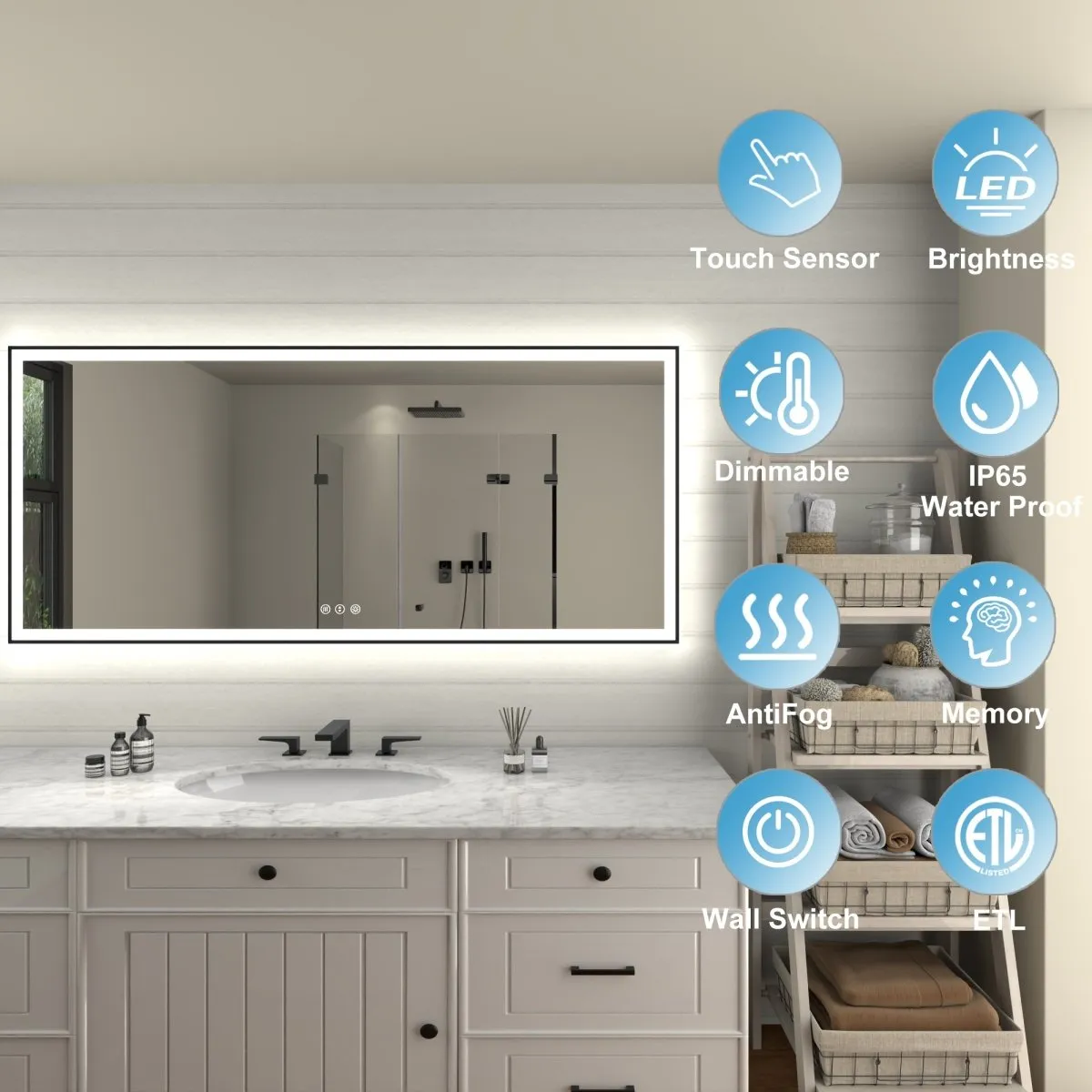 Apex-Noir 72"x32" Framed LED Lighted Bathroom Mirror