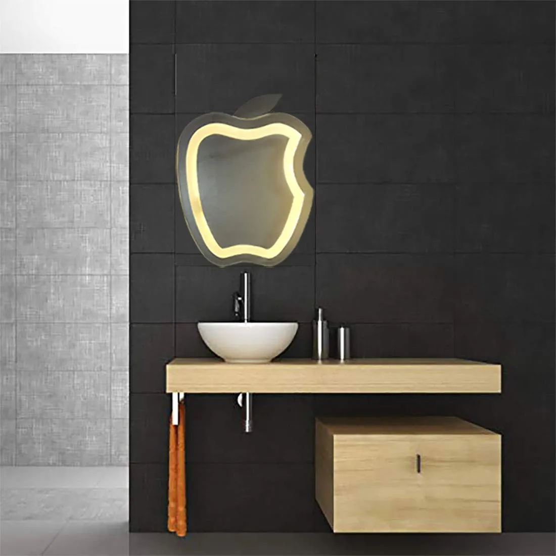 ARANAUT Apple Shaped Mirror, LED illuminated Modern Vanity Mirror with Touch Sensor, Wall Mounted Mirror for Bathroom, bedroom & makeup room (Size: 18X24)