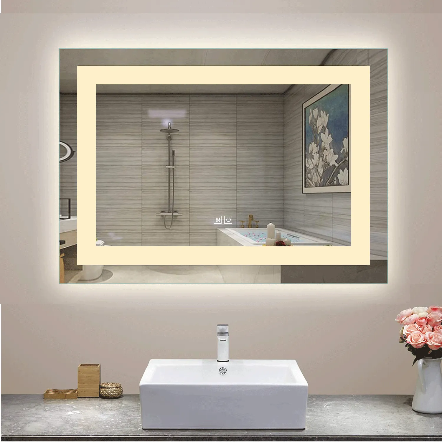 Backlit LED Illuminated Bathroom Anti-Fog Wall Mounted Mirror With Light And Dimmer