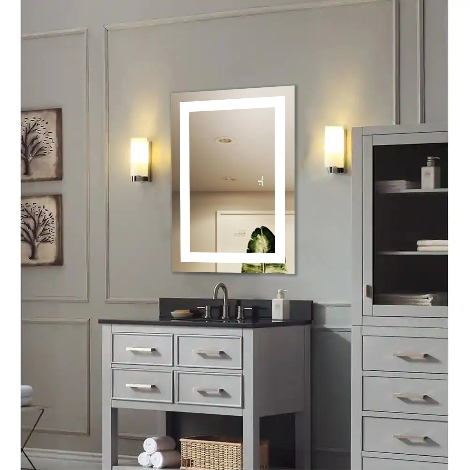 Backlit LED Illuminated Bathroom Anti-Fog Wall Mounted Mirror With Light And Dimmer