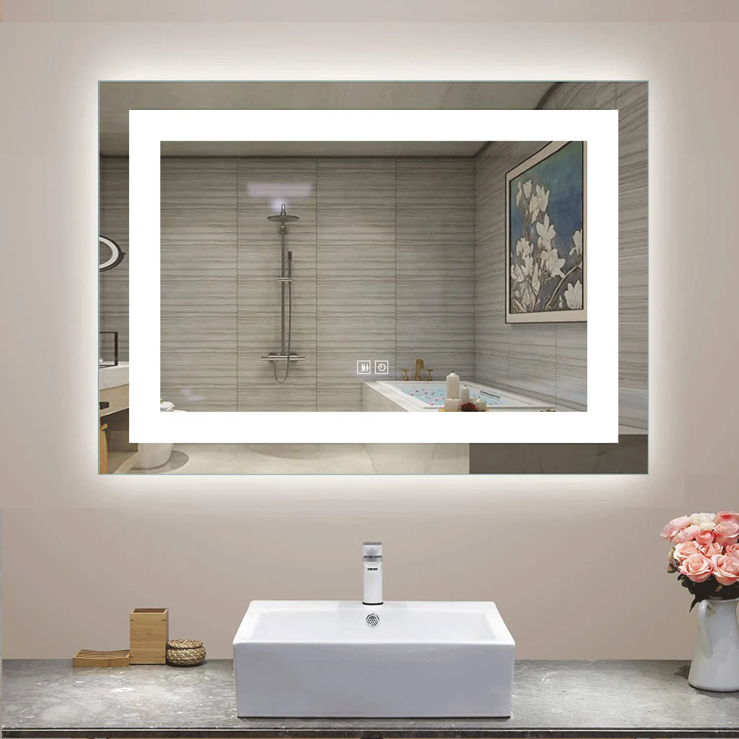 Backlit LED Illuminated Bathroom Anti-Fog Wall Mounted Mirror With Light And Dimmer