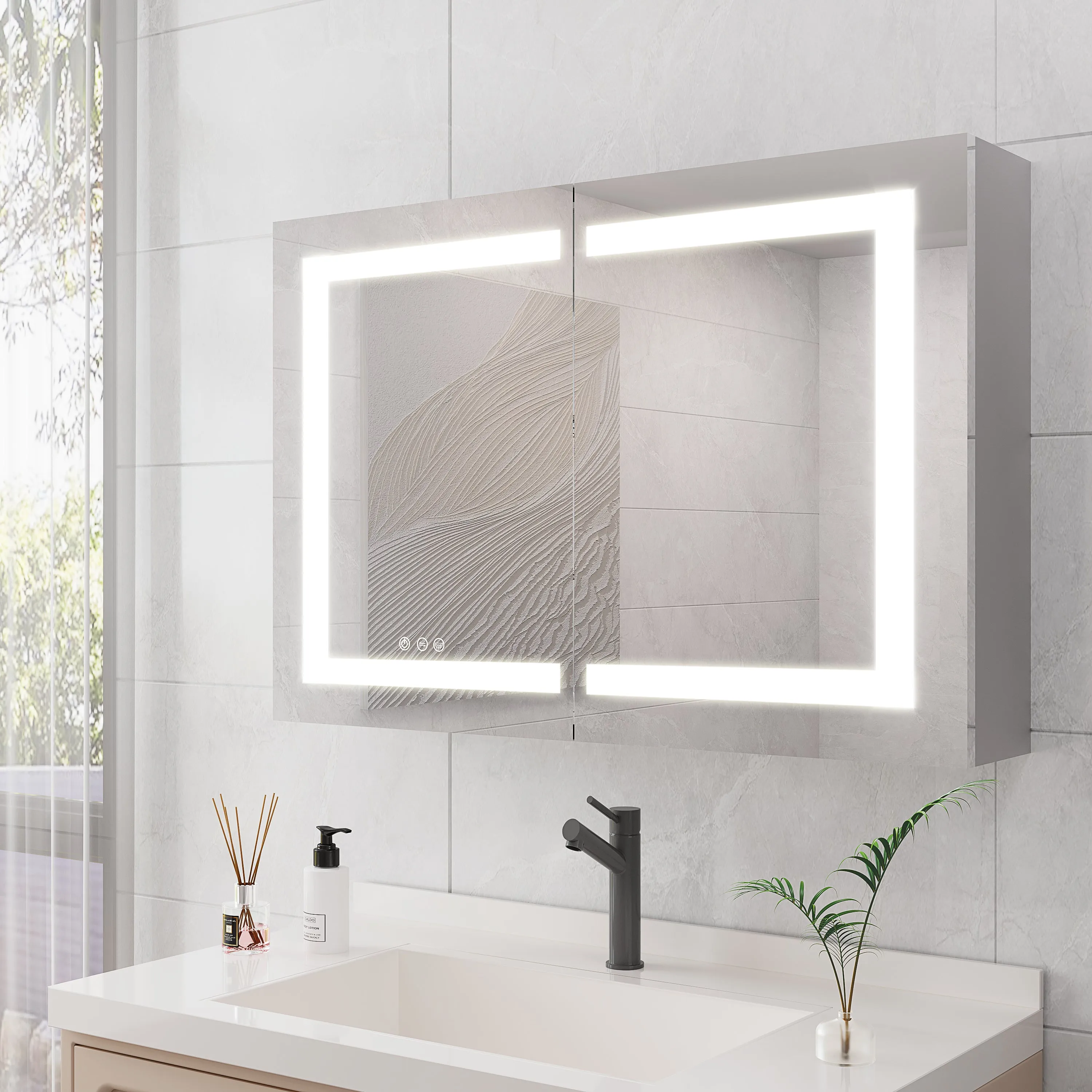Bathroom Medicine Cabinet with Lights, 36×24 Inch LED Medicine Cabinet with Mirror, Wall Cabinet with Shelves, Double Door Lighted Medicine Cabinet with Defogger, Dimmable, Wall Mount