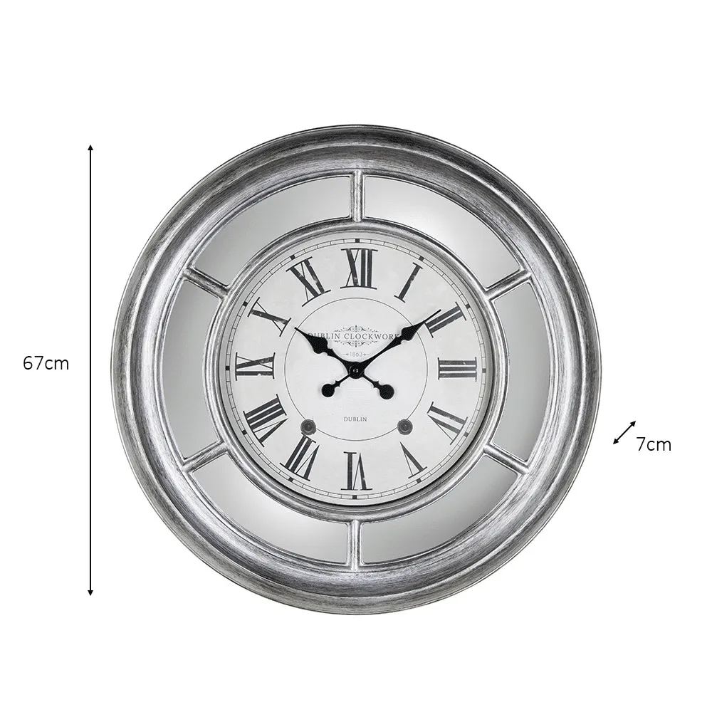 Bella Mirrored Clock 65cm  Antique Silver