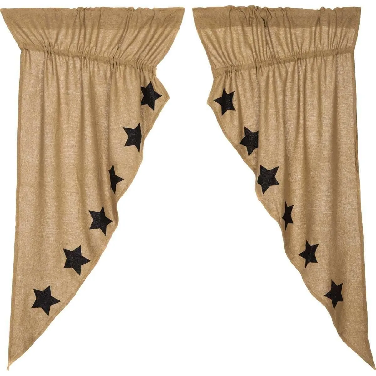 Burlap w/Black Stencil Stars Prairie Short Panel Curtain Set of 2 63x36x18