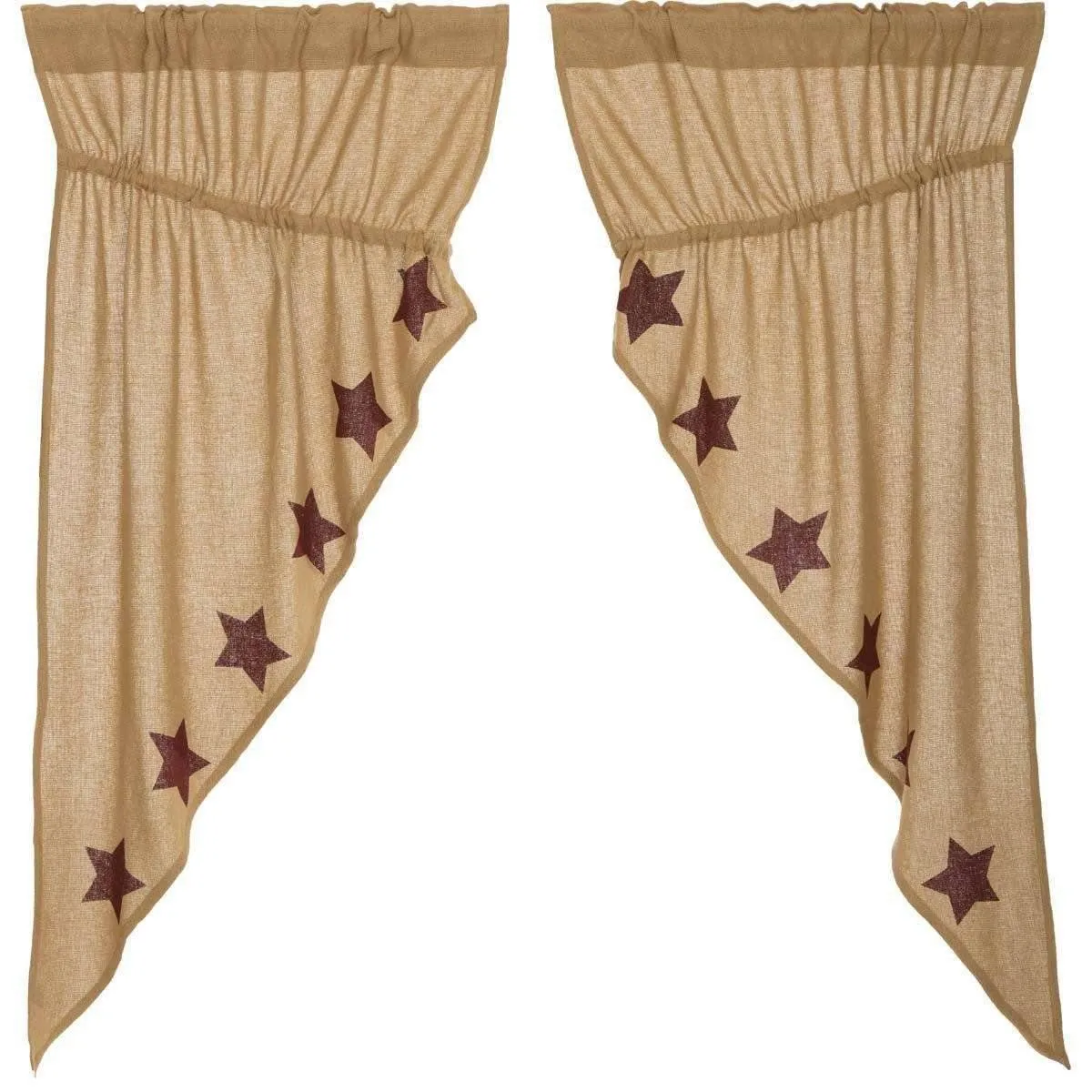 Burlap w/Burgundy Stencil Stars Prairie Short Panel Curtain Set 63x36x18