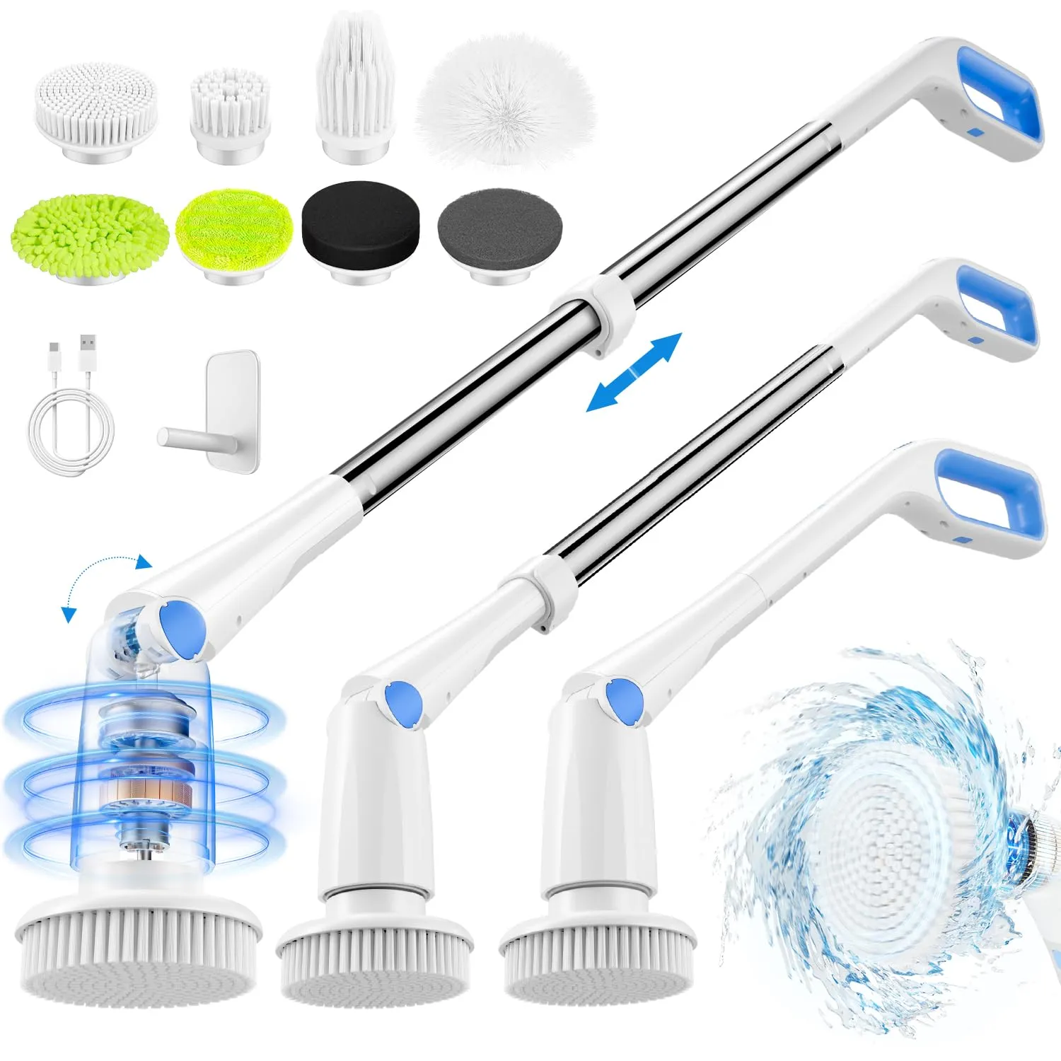 CAKILA Electric Spin Scrubber,Cordless Shower Cleaning Brush with 7 Replaceable Heads,Detachable Long Handle for Bathroom, Floor, Tile, Kitchen,Ideal Gift for Elders