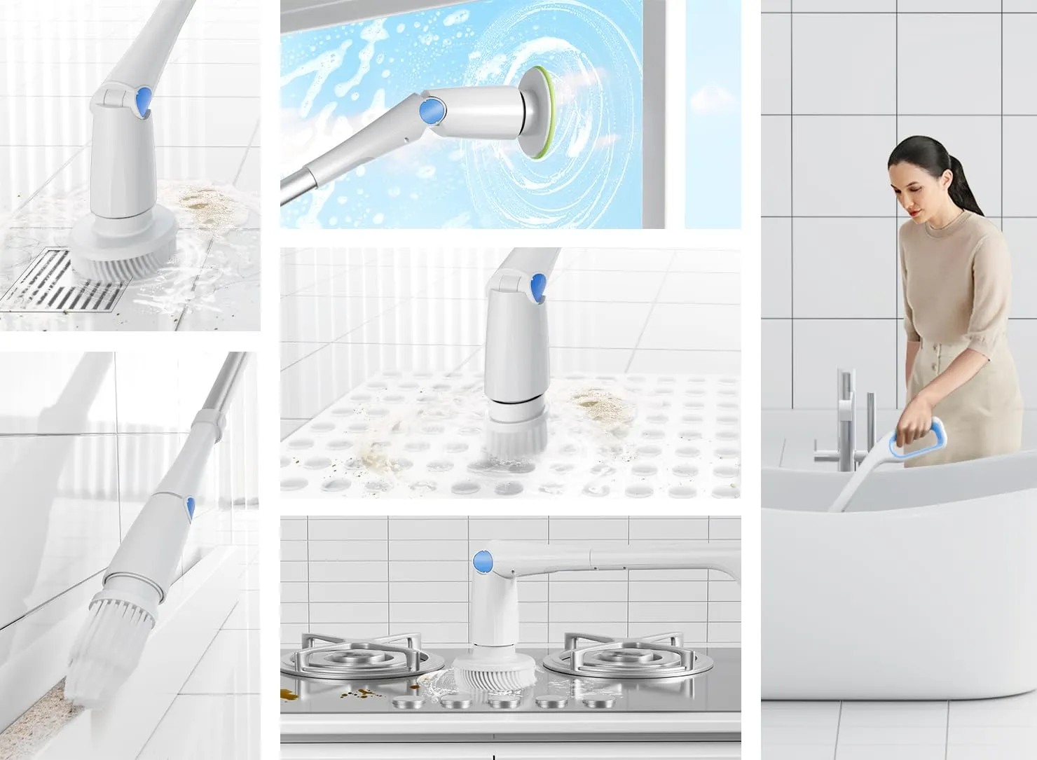 CAKILA Electric Spin Scrubber,Cordless Shower Cleaning Brush with 7 Replaceable Heads,Detachable Long Handle for Bathroom, Floor, Tile, Kitchen,Ideal Gift for Elders