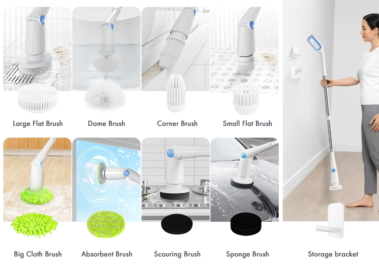 CAKILA Electric Spin Scrubber,Cordless Shower Cleaning Brush with 7 Replaceable Heads,Detachable Long Handle for Bathroom, Floor, Tile, Kitchen,Ideal Gift for Elders