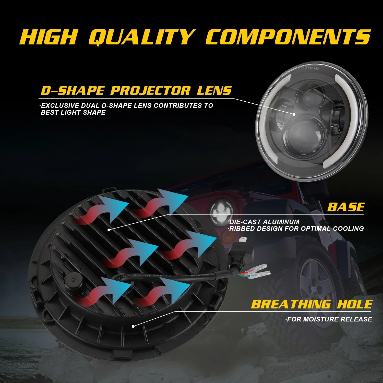 Car Headlights 7 Inch LED Headlights Halo Angle Eye 200W For Jeep