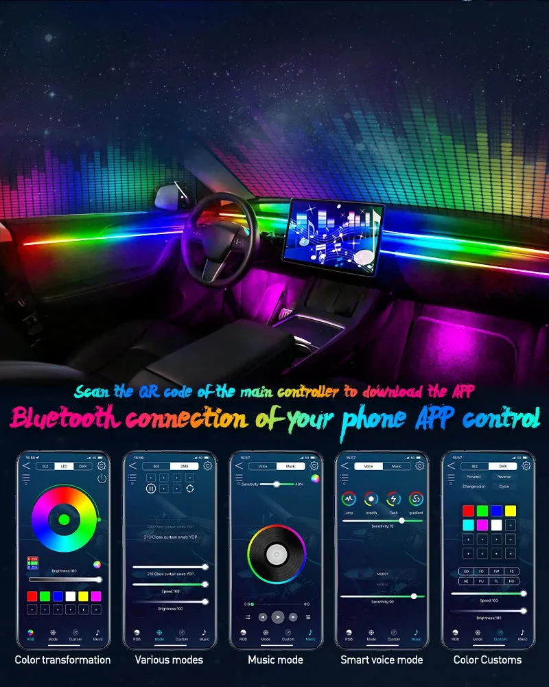 Car Interior Ambient Lights 64-Color RGB LED Strips with App Control