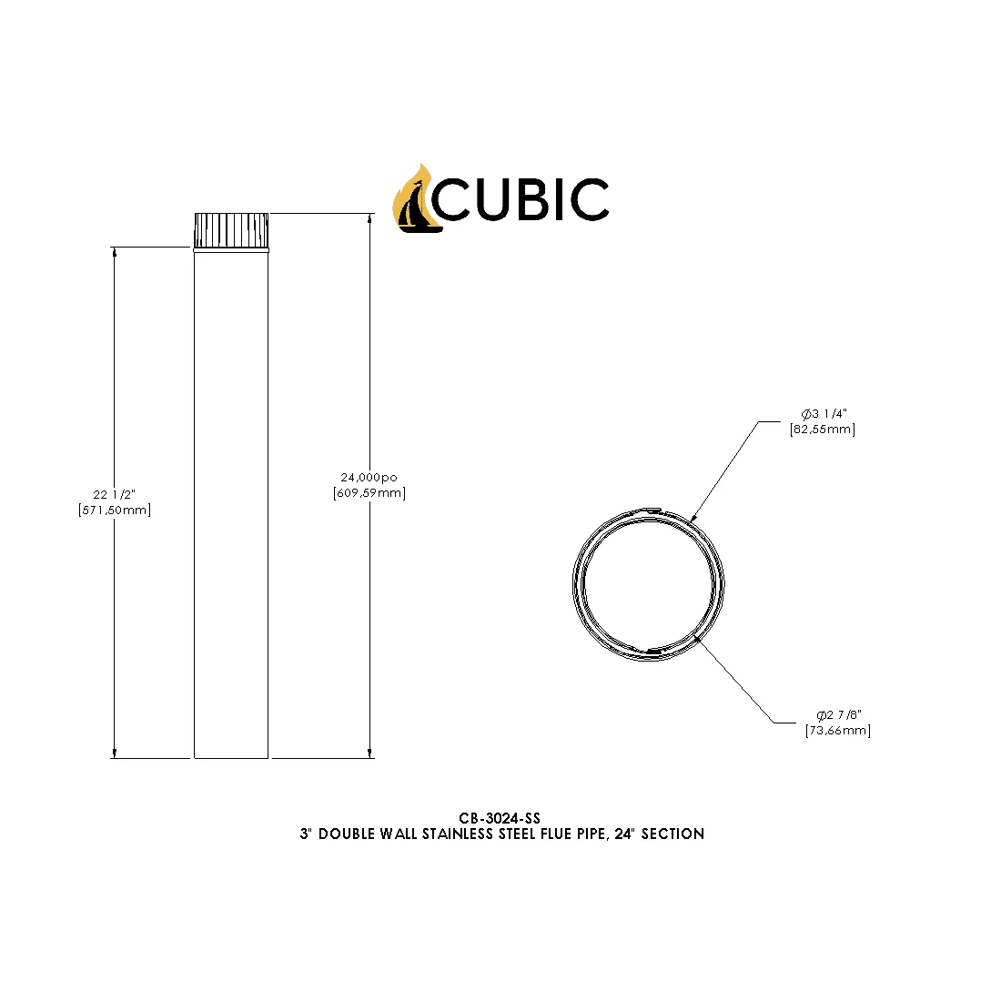 CB-3024-SS-2 Two 3" Stainless Steel Double Wall Flue Pipes, 24" Long