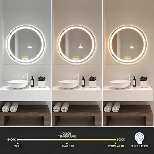 COMTO Round LED Illuminated Mirror, Dimmable, Anti-Fog, 3-Color Lighting, Wall Mounted Vanity Mirror (28 Inch)
