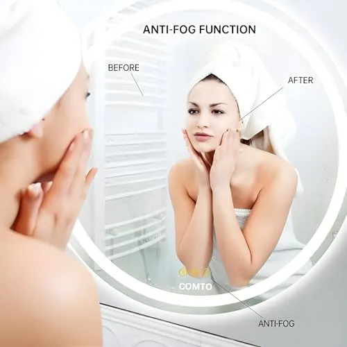 COMTO Round LED Illuminated Mirror, Dimmable, Anti-Fog, 3-Color Lighting, Wall Mounted Vanity Mirror (28 Inch)
