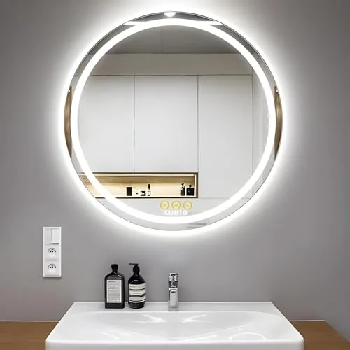 COMTO Round LED Illuminated Mirror, Dimmable, Anti-Fog, 3-Color Lighting, Wall Mounted Vanity Mirror (28 Inch)
