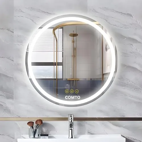 COMTO Round LED Illuminated Mirror, Dimmable, Anti-Fog, 3-Color Lighting, Wall Mounted Vanity Mirror (28 Inch)