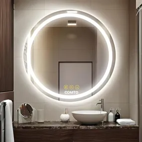 COMTO Round LED Illuminated Mirror, Dimmable, Anti-Fog, 3-Color Lighting, Wall Mounted Vanity Mirror (28 Inch)