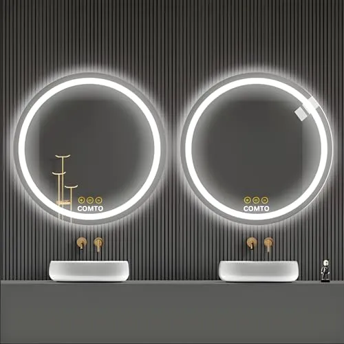 COMTO Round LED Illuminated Mirror, Dimmable, Anti-Fog, 3-Color Lighting, Wall Mounted Vanity Mirror (28 Inch)