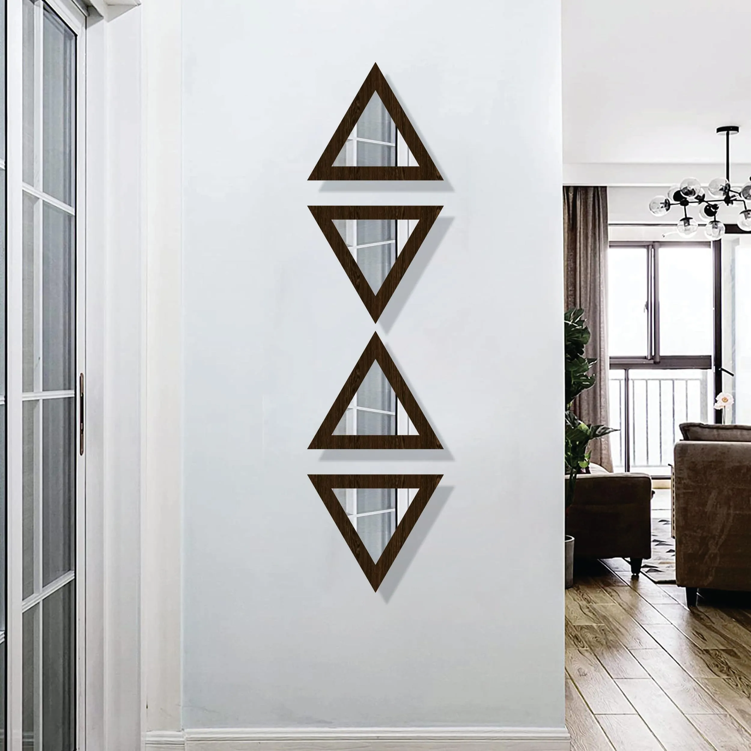Creative Arts n Frames Self Adhesive Wooden Decorative Wall Framed Mirror Set of 4 Triangular Shape for Home Office Wall Living Room Bedroom Lobby Decoration 10x10inch (Flower Wenge)