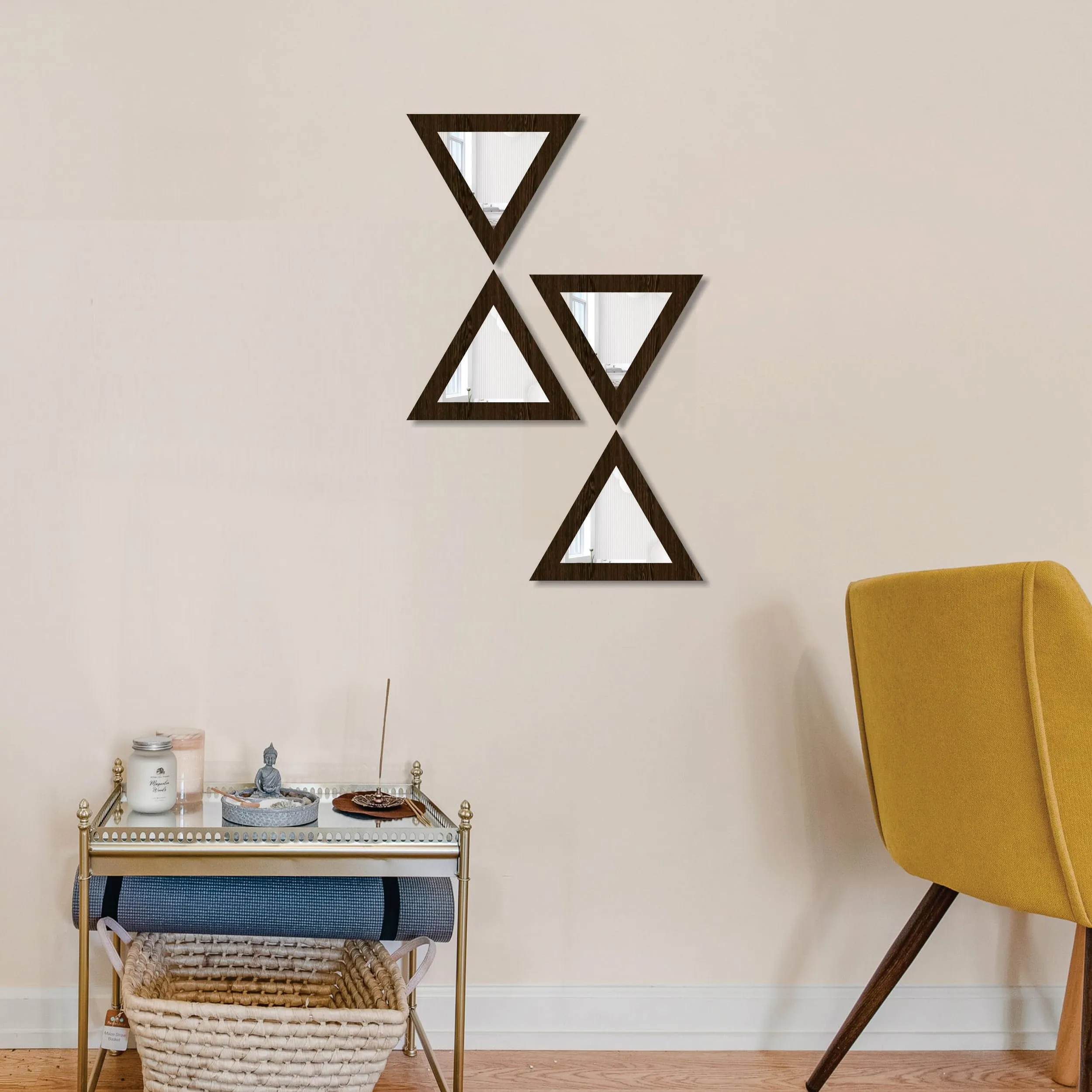 Creative Arts n Frames Self Adhesive Wooden Decorative Wall Framed Mirror Set of 4 Triangular Shape for Home Office Wall Living Room Bedroom Lobby Decoration 10x10inch (Flower Wenge)