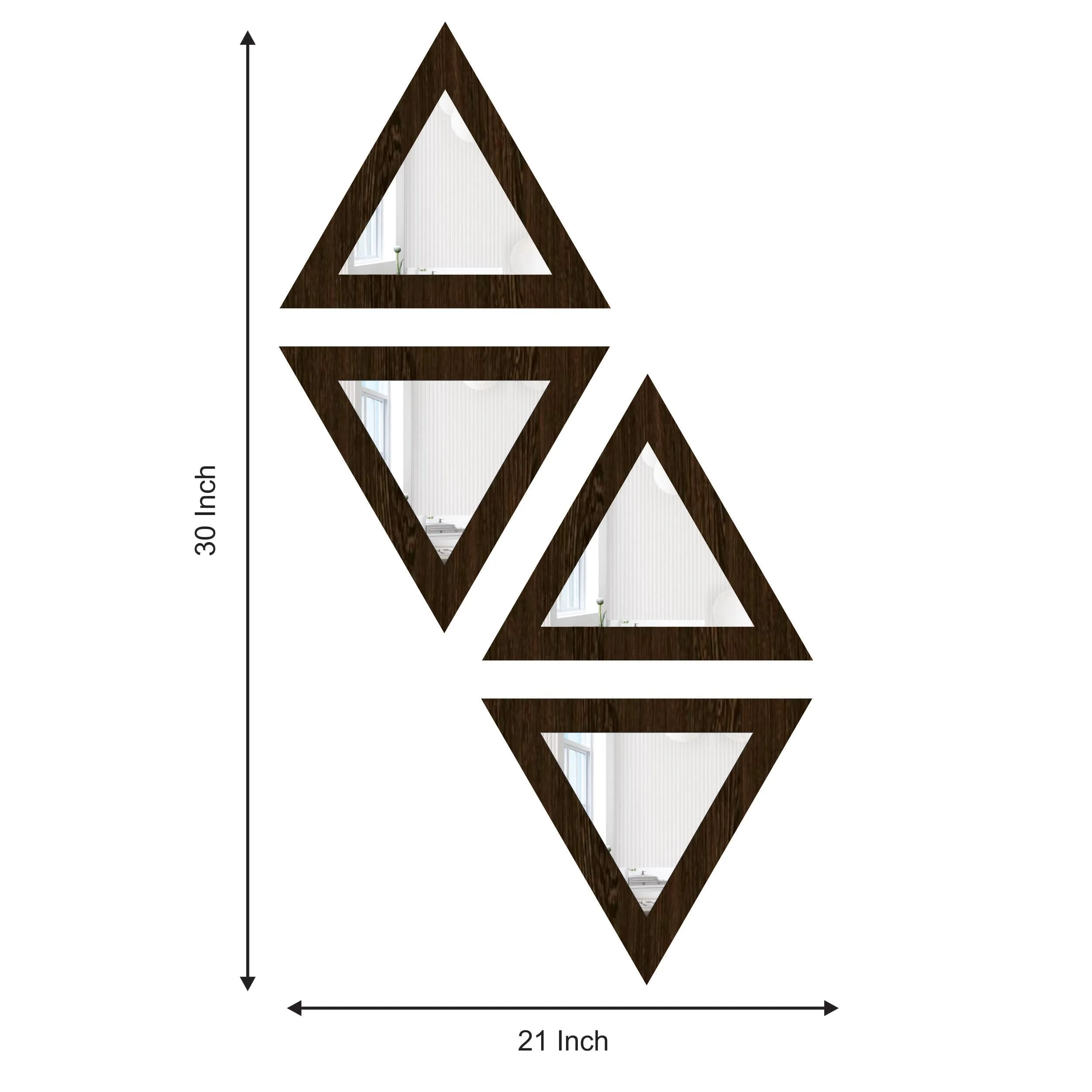 Creative Arts n Frames Self Adhesive Wooden Decorative Wall Framed Mirror Set of 4 Triangular Shape for Home Office Wall Living Room Bedroom Lobby Decoration 10x10inch (Flower Wenge)