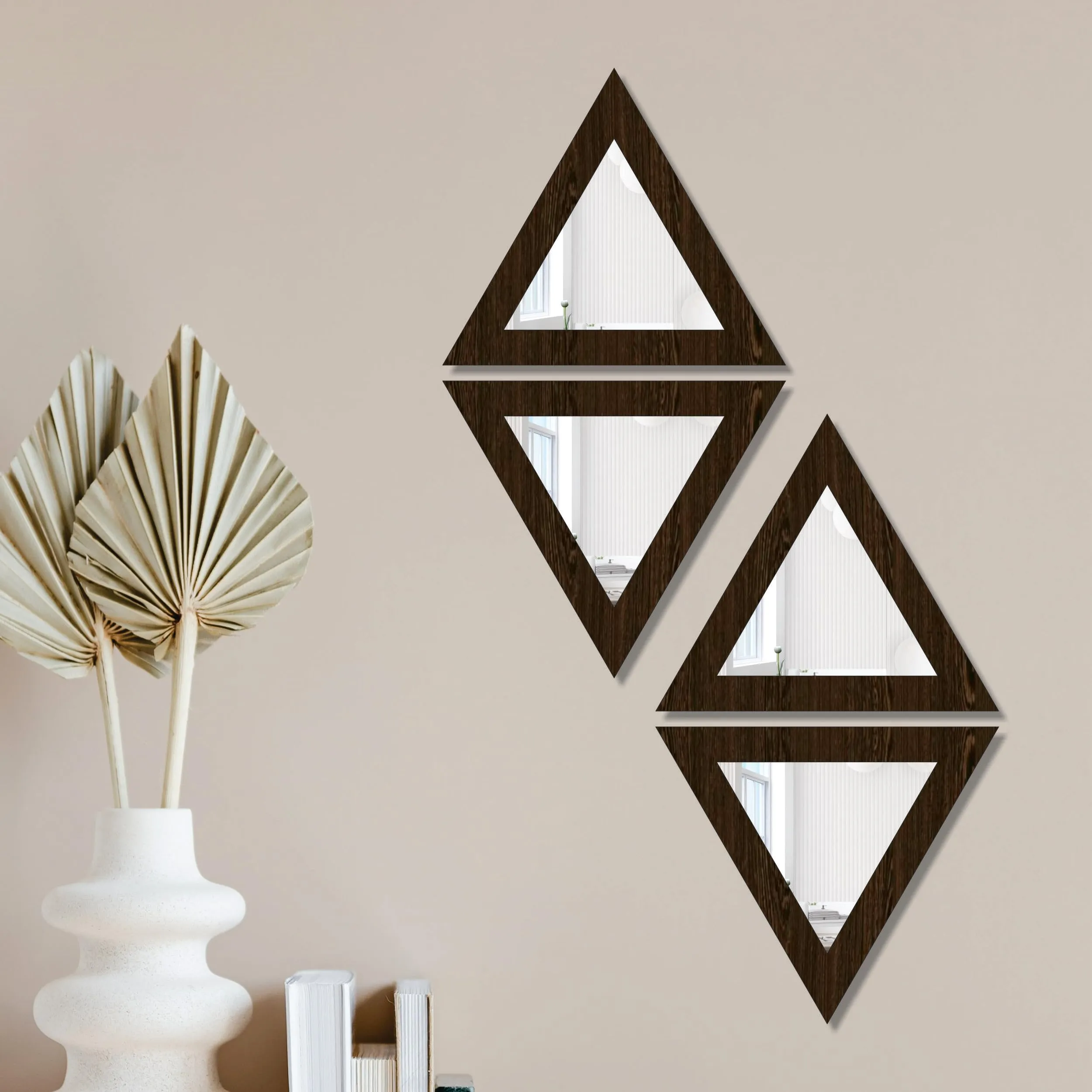 Creative Arts n Frames Self Adhesive Wooden Decorative Wall Framed Mirror Set of 4 Triangular Shape for Home Office Wall Living Room Bedroom Lobby Decoration 10x10inch (Flower Wenge)