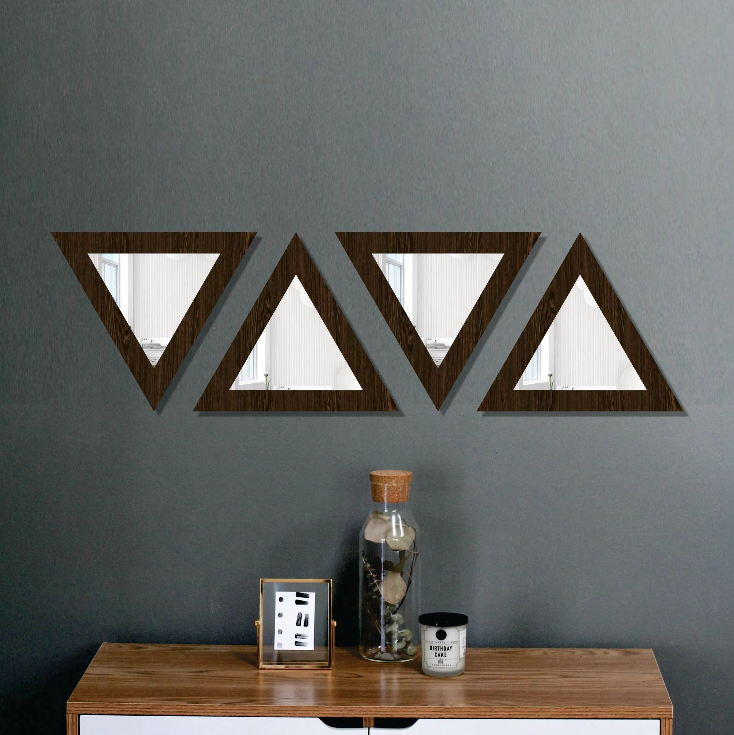 Creative Arts n Frames Self Adhesive Wooden Decorative Wall Framed Mirror Set of 4 Triangular Shape for Home Office Wall Living Room Bedroom Lobby Decoration 10x10inch (Flower Wenge)