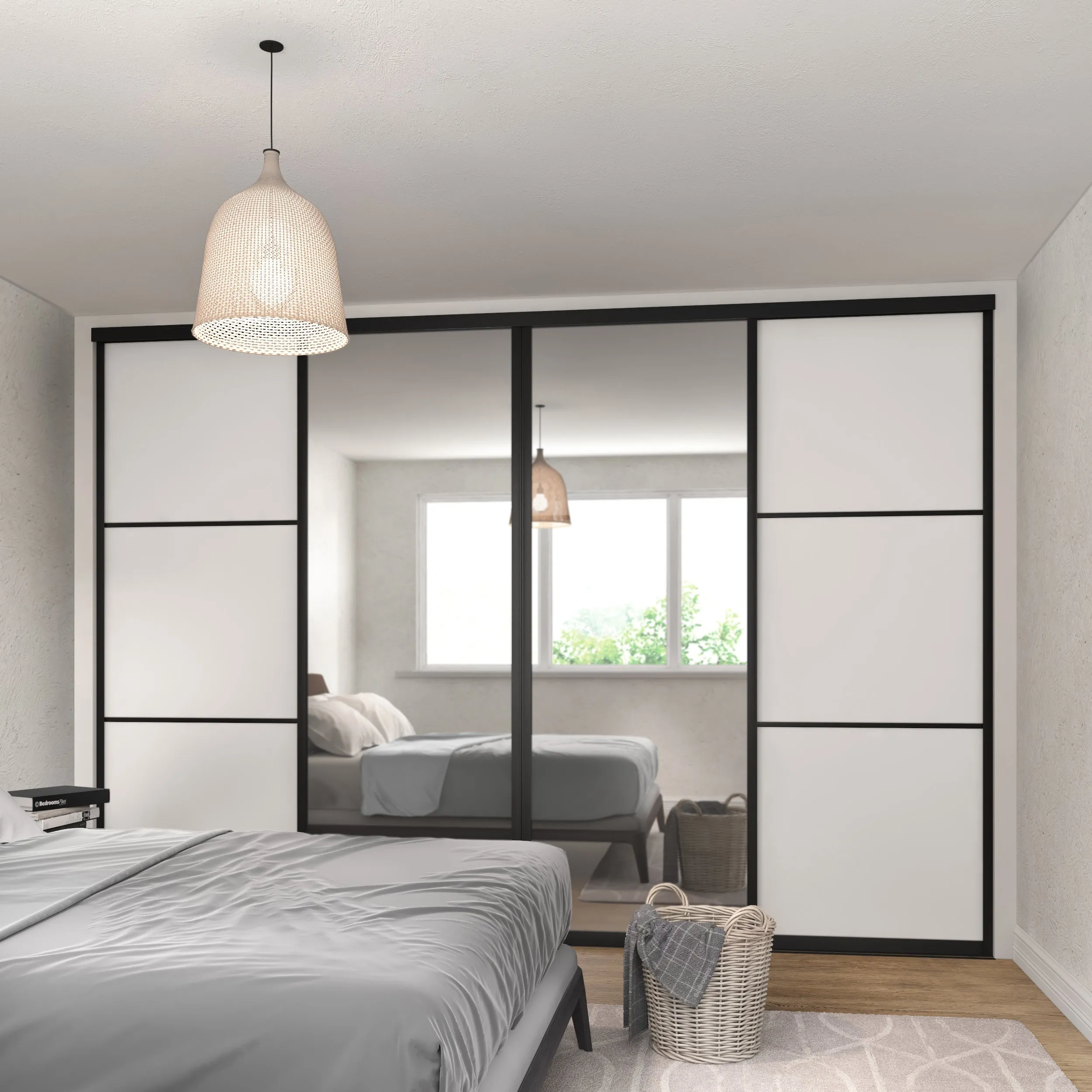 Curve Brushed Black Frame 4 Door Grey Wood Mirror Sliding Wardrobe Kit