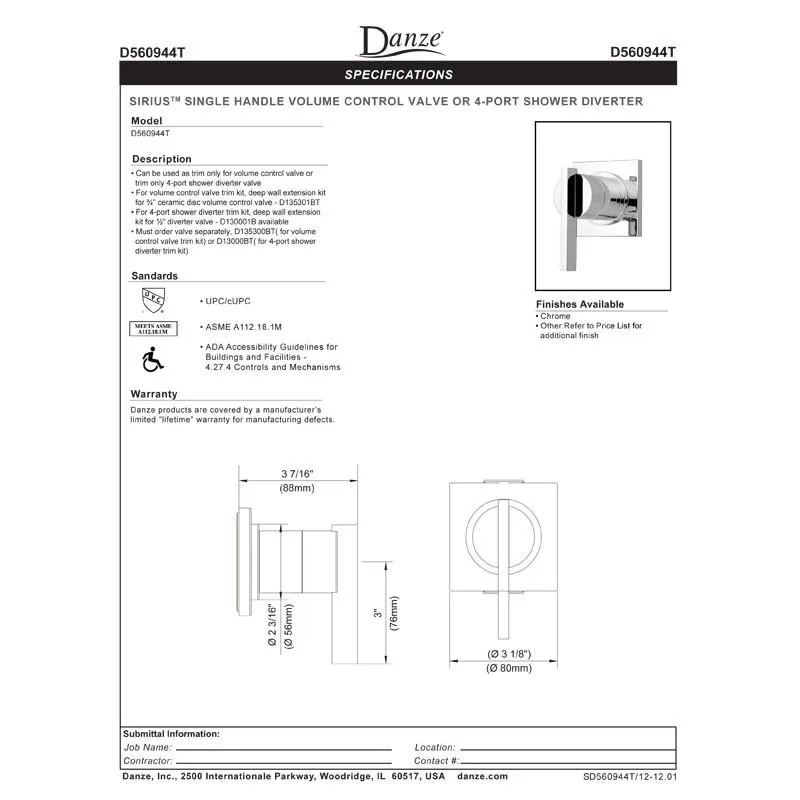 Danze Sirius Chrome Single Handle Volume Control 4-Port Shower Diverter INCLUDES Rough-in Valve