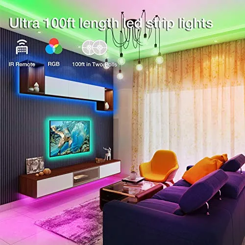 DAYBETTER (2rd Gen SMD 5050 Remote Control Led Strip Lights 100ft Color Changing with 44Keys Remote Controller and 24V Power Supply for Bedroom