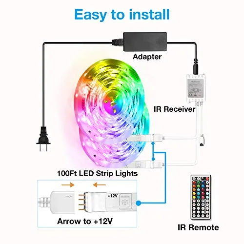 DAYBETTER (2rd Gen SMD 5050 Remote Control Led Strip Lights 100ft Color Changing with 44Keys Remote Controller and 24V Power Supply for Bedroom