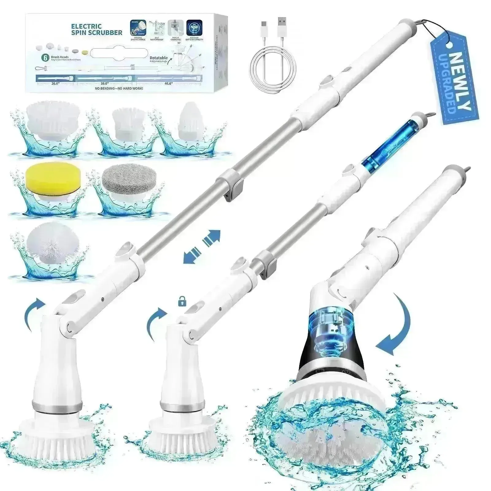 Electric Spin Scrubber, Bathroom Cleaning Brush, With 5 Replacement Heads, Brush With Long Handle For Kitchen, Bathtub, Floor, Toilet,