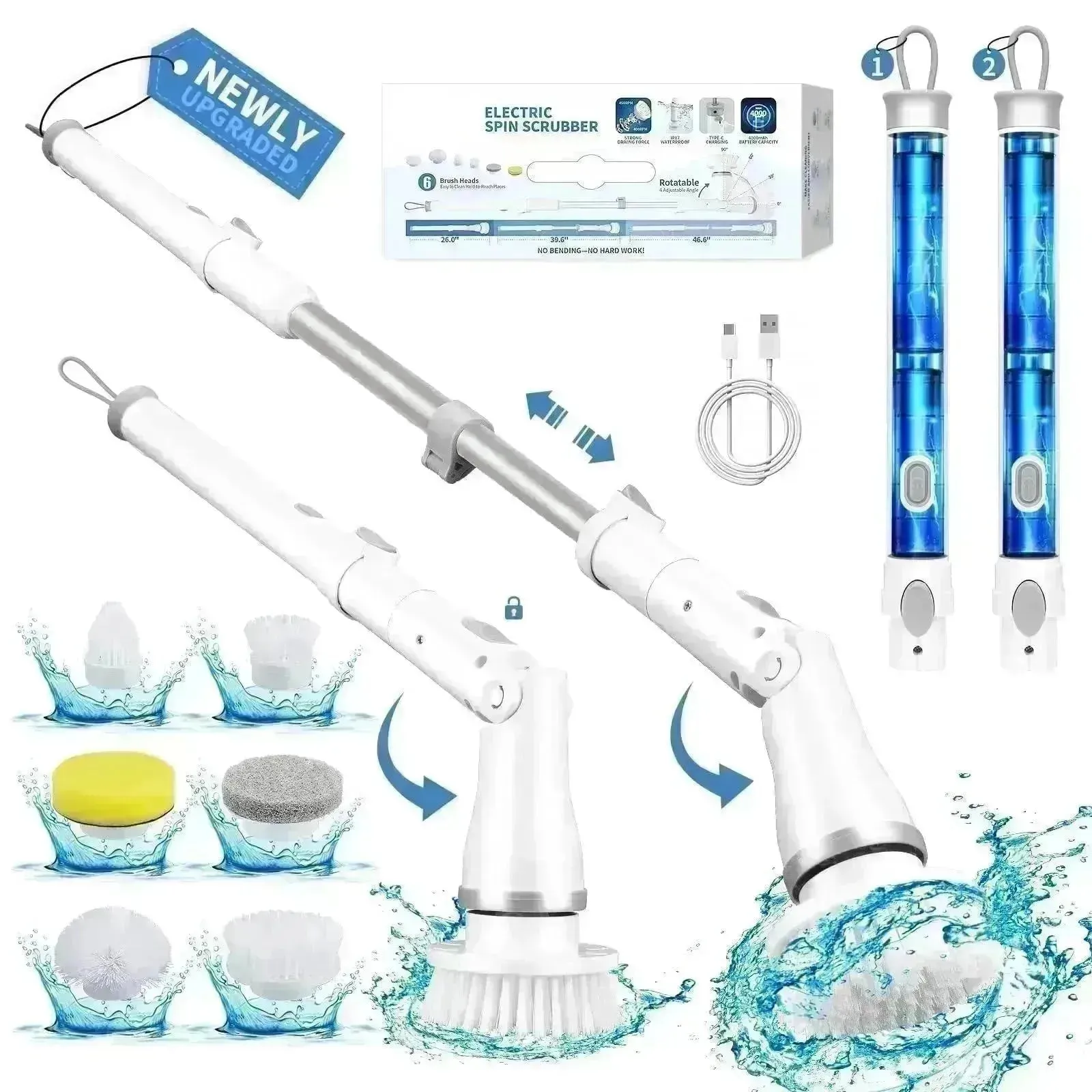 Electric Spin Scrubber, Bathroom Cleaning Brush, With 5 Replacement Heads, Brush With Long Handle For Kitchen, Bathtub, Floor, Toilet,