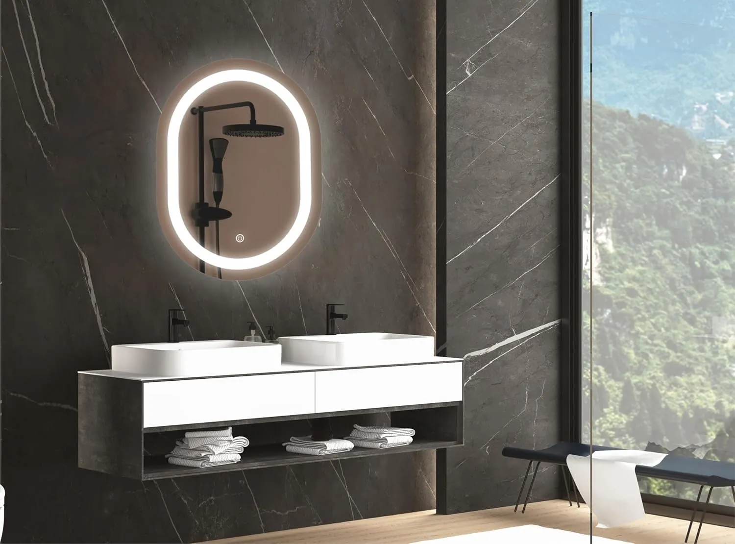 GWEN LED Wall Mirror for Bathroom, 17.75 x 23.75 inches, 3 LED Lights (Warm, White, Natural White), Framed