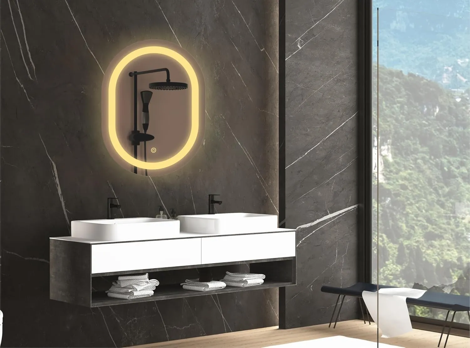 GWEN LED Wall Mirror for Bathroom, 17.75 x 23.75 inches, 3 LED Lights (Warm, White, Natural White), Framed
