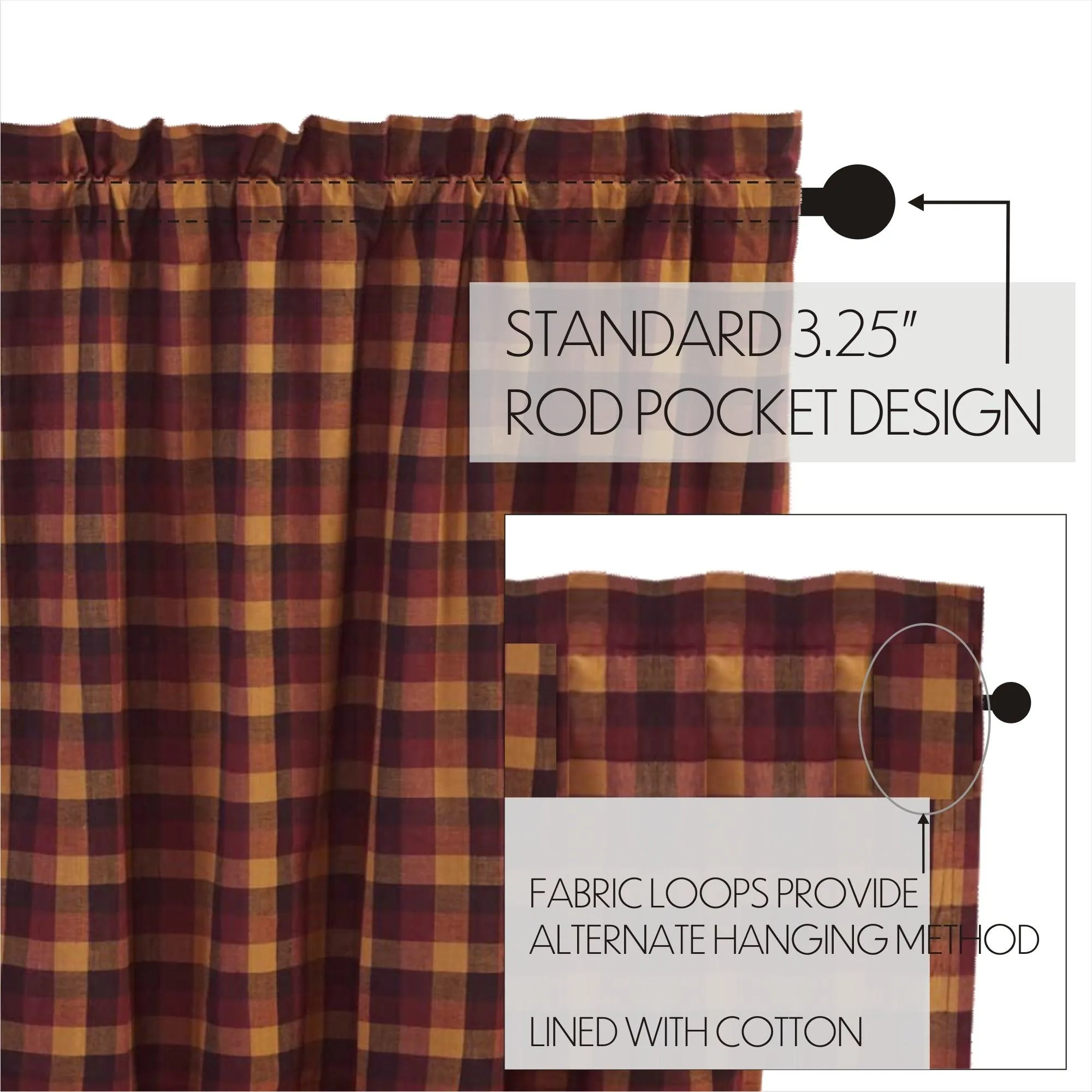 Heritage Farms Primitive Check Prairie Short Panel Curtain Set of 2 63x36x18