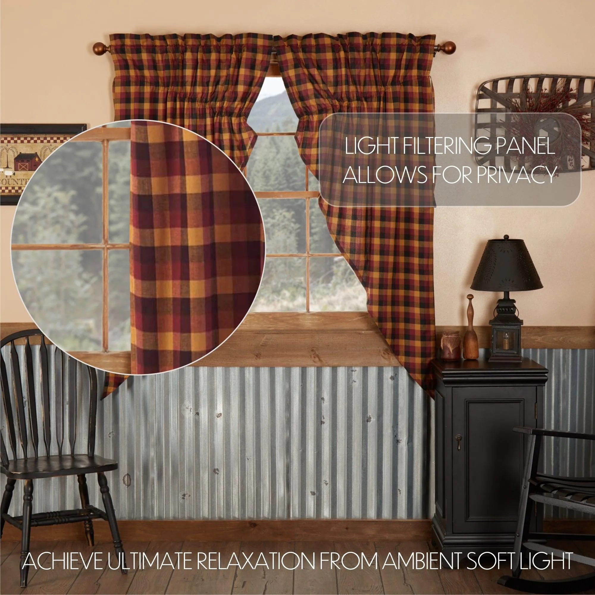 Heritage Farms Primitive Check Prairie Short Panel Curtain Set of 2 63x36x18