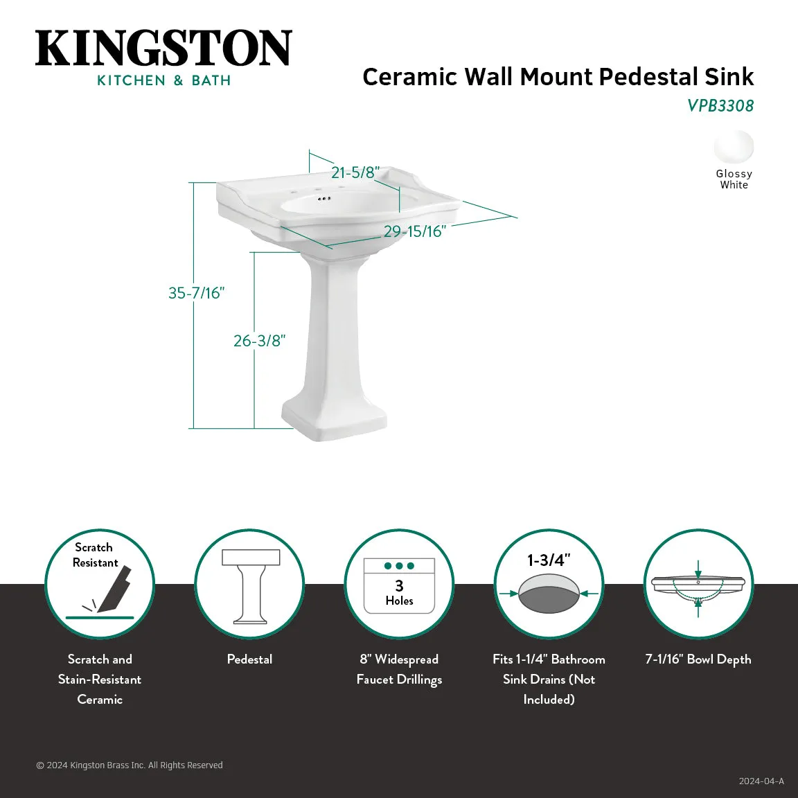 Imperial VPB3308 29-15/16 Inch Wall Mount Pedestal Sink (8-Inch, 3-Hole), White