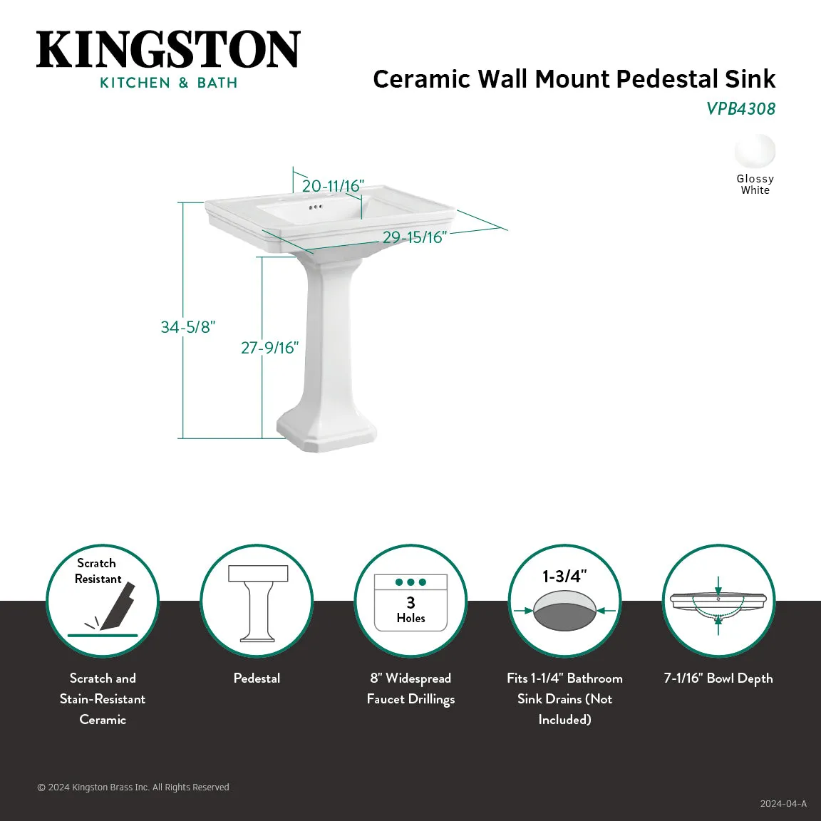 Imperial VPB4308 29-15/16 Inch Wall Mount Pedestal Sink (8-Inch, 3-Hole), White