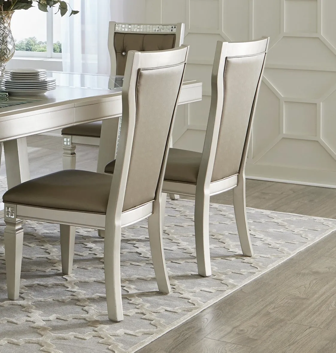 Jaydon 5pc Set Table w Leaf Glass Insert Top Upholstered Tufted 4x Side Chairs