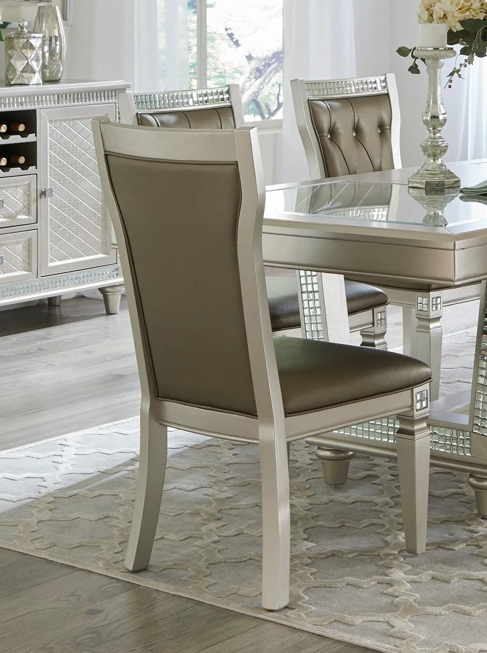 Jaydon 5pc Set Table w Leaf Glass Insert Top Upholstered Tufted 4x Side Chairs