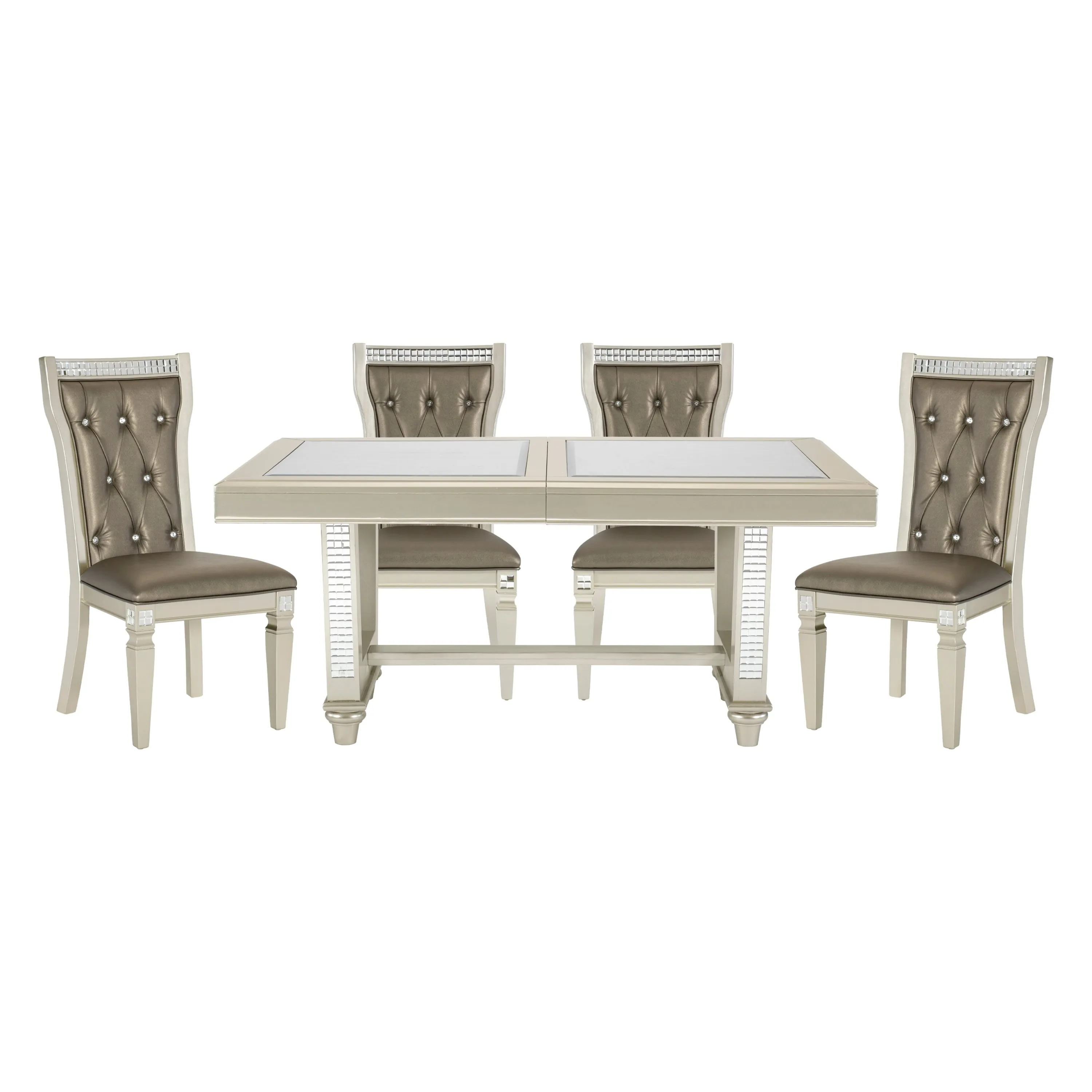 Jaydon 5pc Set Table w Leaf Glass Insert Top Upholstered Tufted 4x Side Chairs
