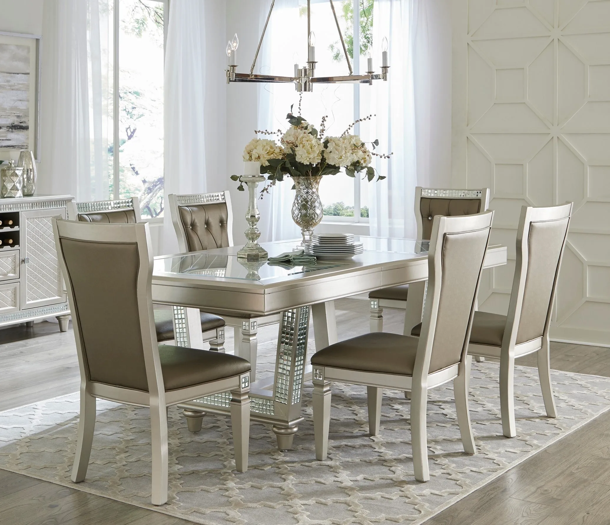 Jaydon 7pc Set Table w Leaf Glass Insert Top Upholstered Tufted 6x Side Chairs