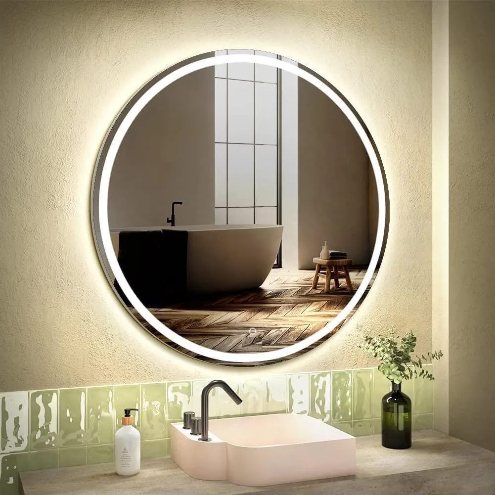 KALYAN TRADERS Round Wall Mirror (24x24) Bathroom with Led Light, Dimmable Vanity Mirror with Wall mounting led Mirror, 3000K Lighted Mirror for Bedroom & Living Room and Bathroom.
